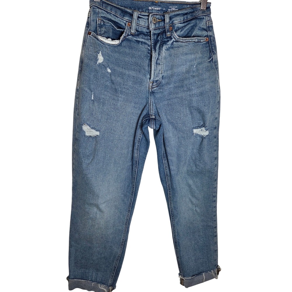 Old Navy Extra High Rise Curvy Straight Leg Jeans Distressed Raw Hem Size 4